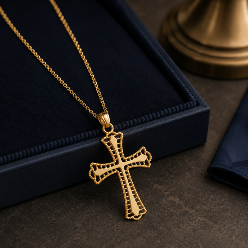 18K Gold Double Cross Pendant Necklace for Men-3
