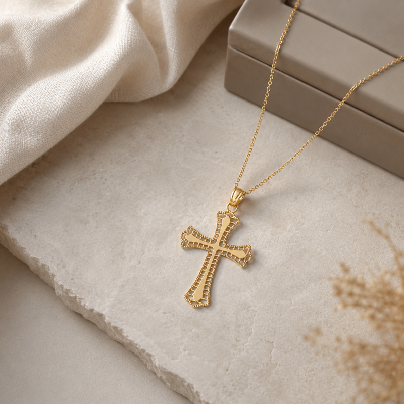 18K Gold Double Cross Pendant Necklace for Men-4