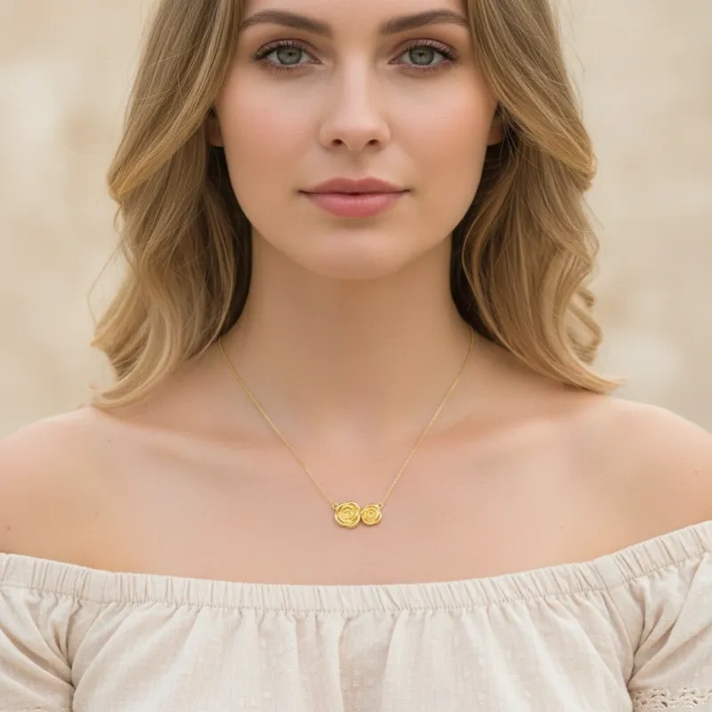 18K Gold Double Roses Pendant Necklace-2
