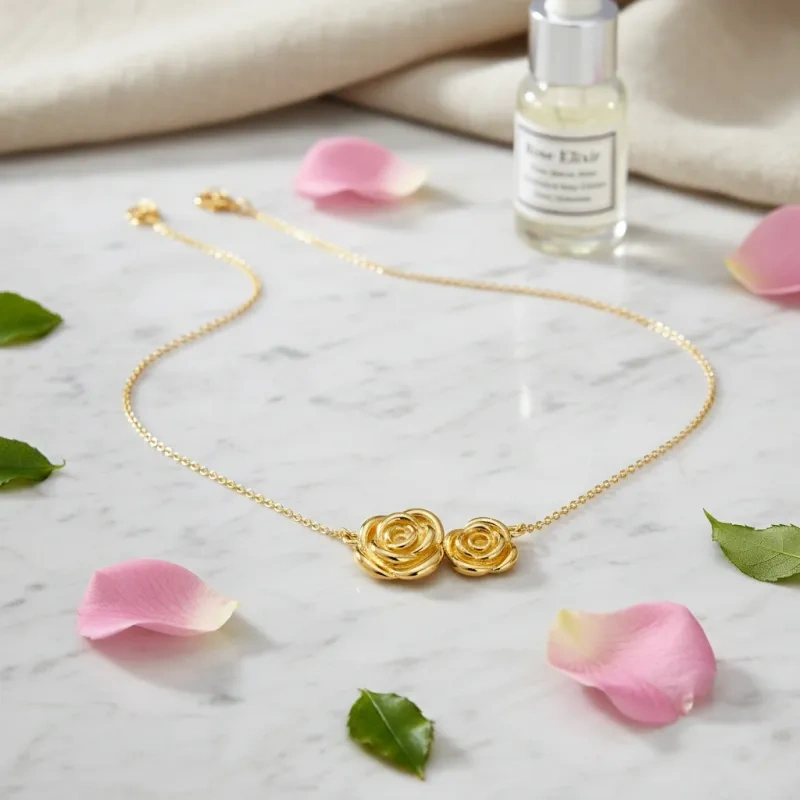18K Gold Double Roses Pendant Necklace-3