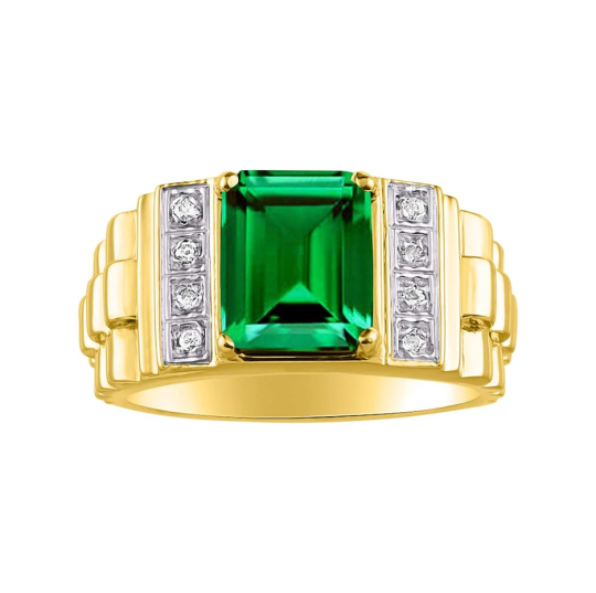 10K Gold 1 to 6 CT Emerald Cut Lab-Grown Emerald & 0.16 CT.T.W. Diamond Engagement Ring for Men