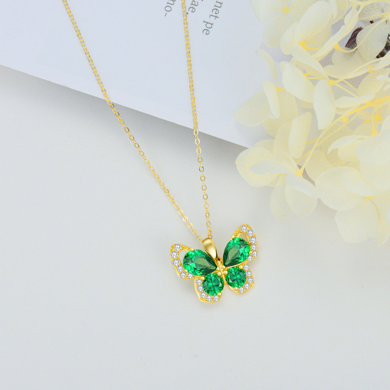 10K Gold Smaragd Cubic Zirkonia Schmetterling Anhänger Halskette-4