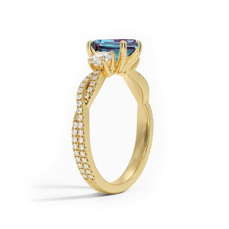 14K Gold Emerald Cut Alexandrite & Moissanite Engagement Ring-3