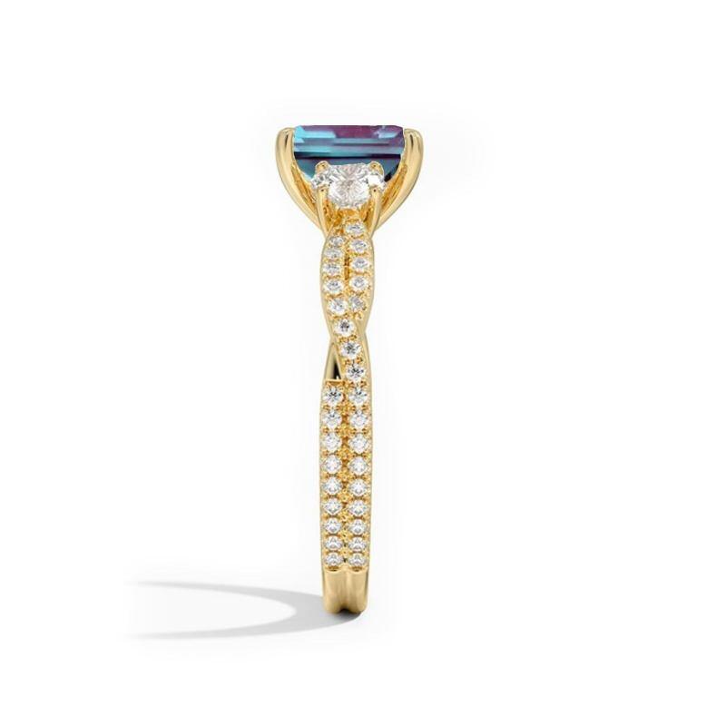 14K Gold Emerald Cut Alexandrite & Moissanite Engagement Ring-4