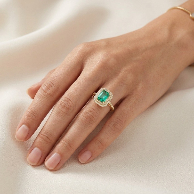 Bague de fiançailles en or 18K avec émeraude artificielle taillée en émeraude et moissanite-2