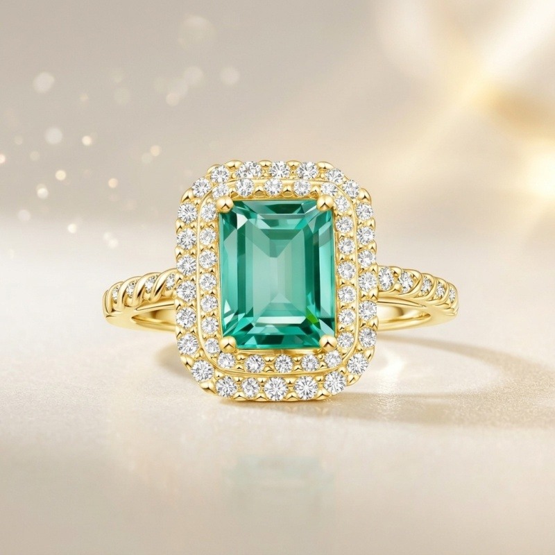 Bague de fiançailles en or 18K avec émeraude artificielle taillée en émeraude et moissanite-3