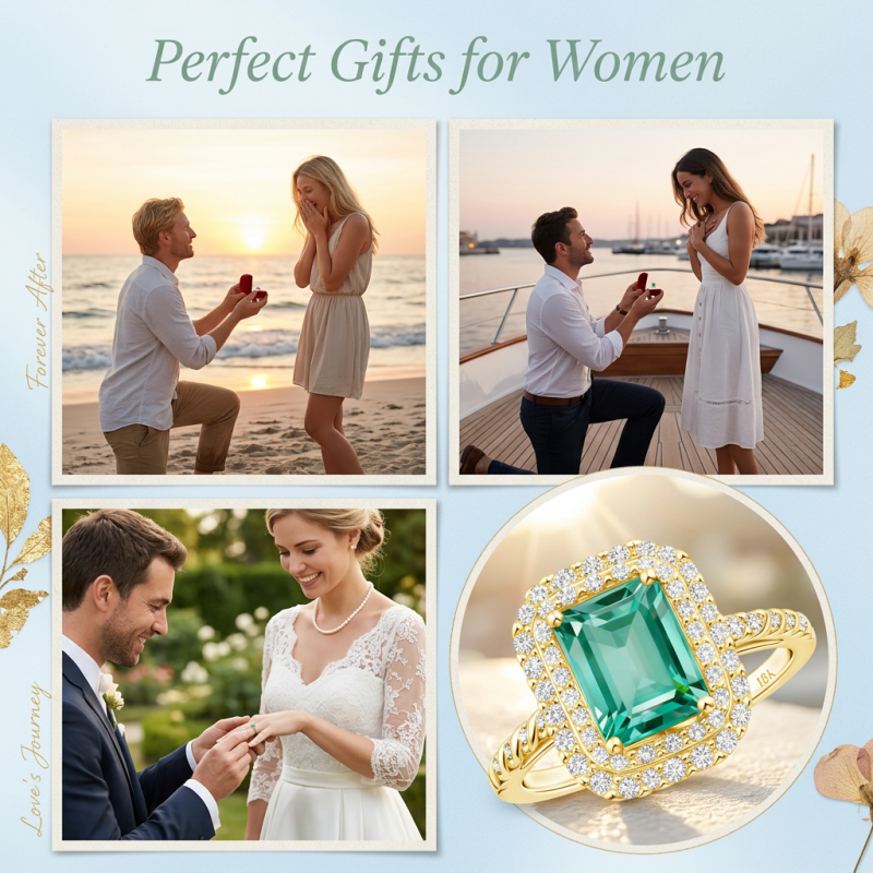 Bague de fiançailles en or 18K avec émeraude artificielle taillée en émeraude et moissanite-4
