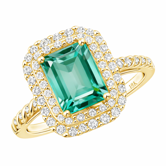18K Gold Emerald Cut Artificial Emerald & Moissanite Engagement Ring