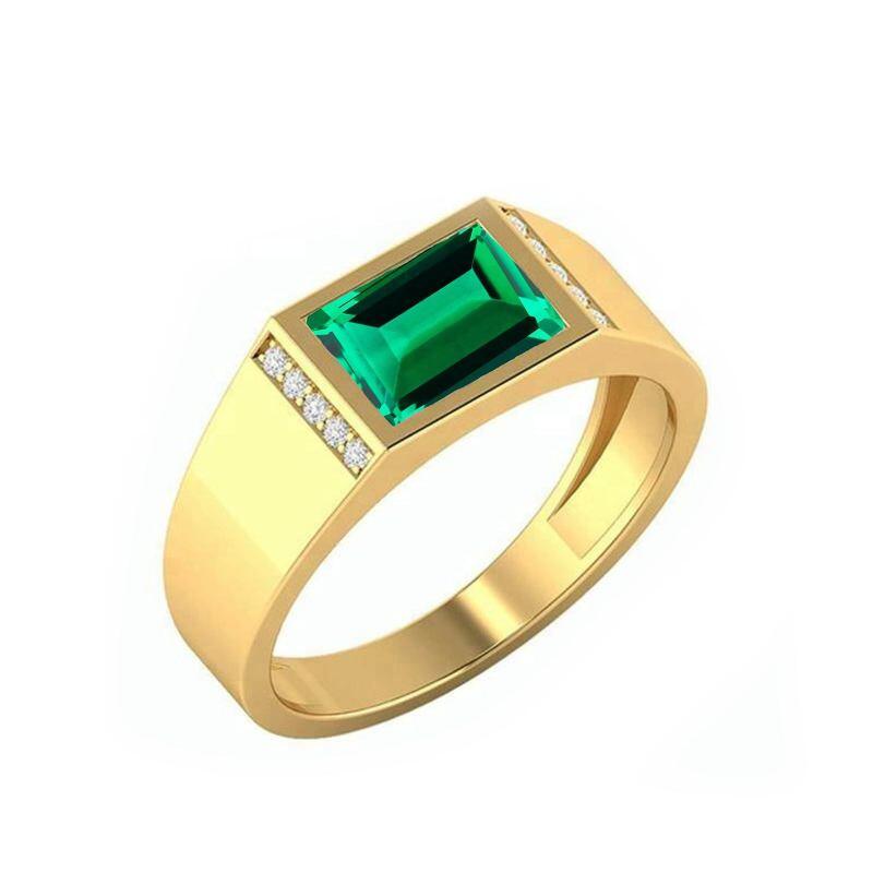 10K Gold Emerald Cut Artificial Emerald & Moissanite Men's Band for Men-4