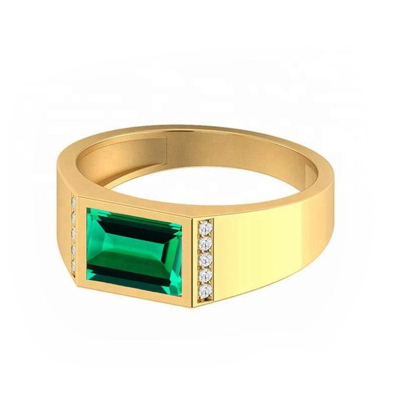 10K Gold Emerald Cut Artificial Emerald & Moissanite Men's Band for Men-5
