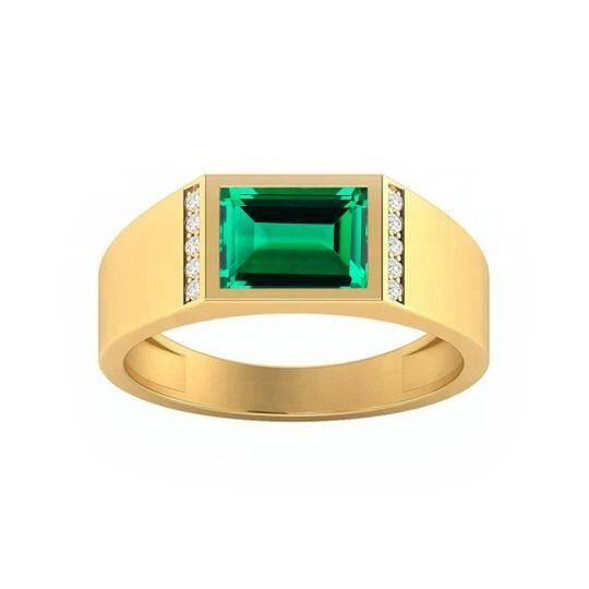 Banda para hombre de oro de 14 quilates con esmeralda artificial cortada en forma de esmeralda y moissanita
