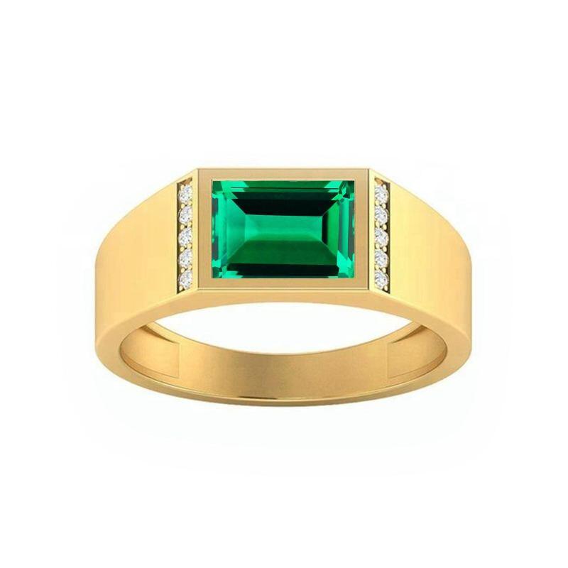 10K Gold Emerald Cut Artificial Emerald & Moissanite Men's Band for Men-14