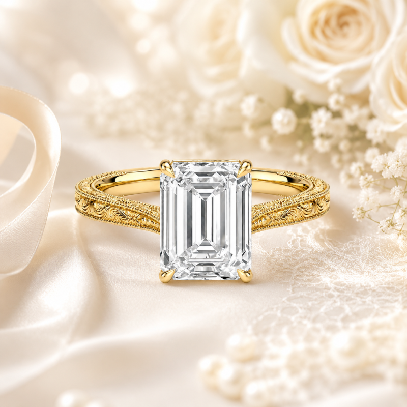 Pierścionek zaręczynowy ze srebra próby 925 z pozłacanym żółtym złotem diamentem w szlifie szmaragdowym i laboratoryjnie hodowanym diamentem typu solitaire-5