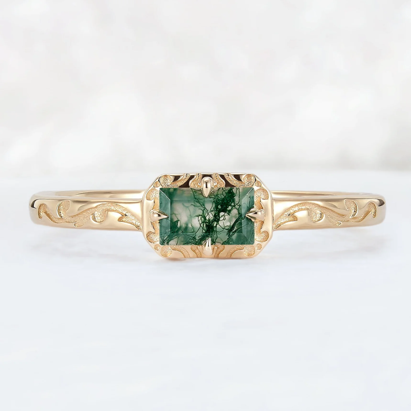 Anillo de boda de oro de 14 quilates con ágata musgosa talla esmeralda-1