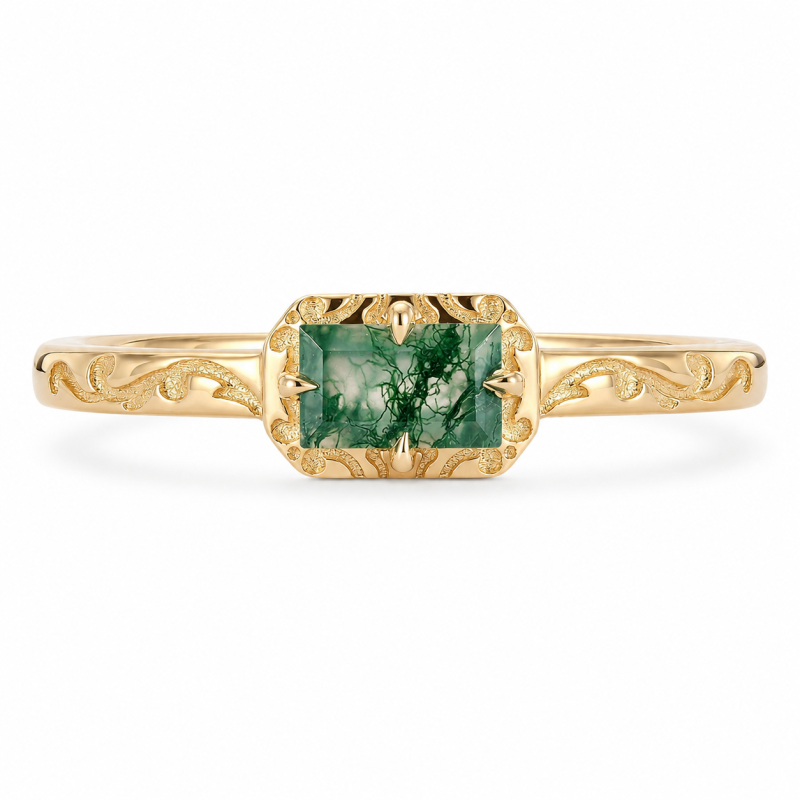 14K Gold 1 to 6 CT Emerald Cut Moss Agate Solitaire Natural Inspired Wedding Ring-1