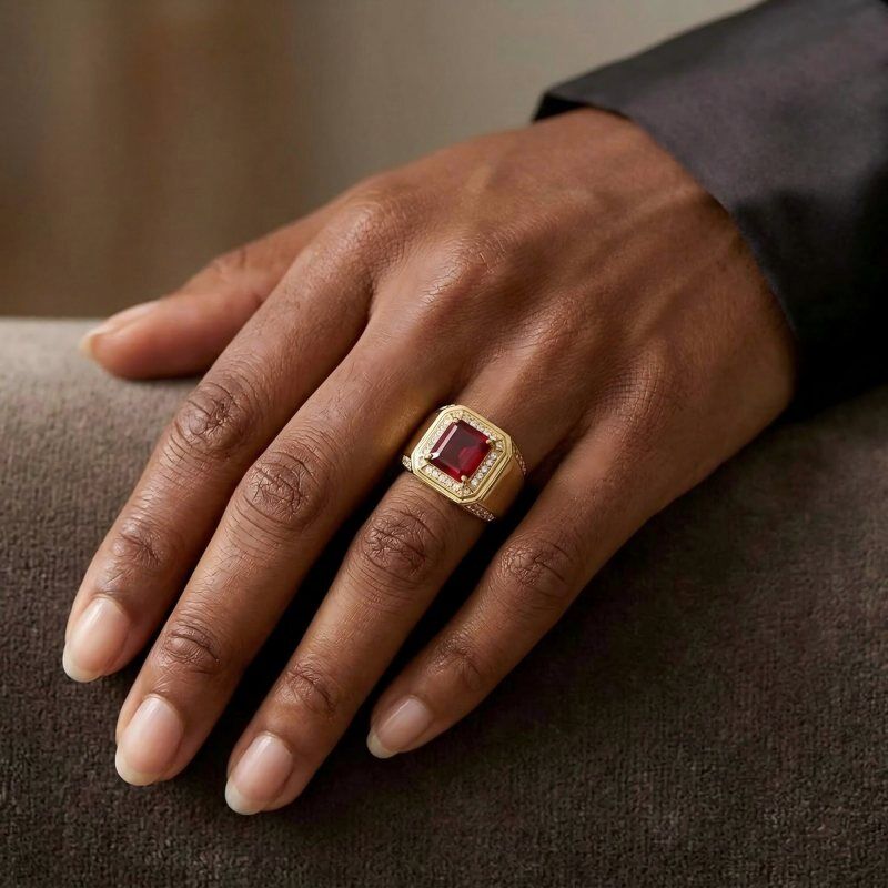 14K Gold Emerald Cut Ruby Men's Band for Men-2