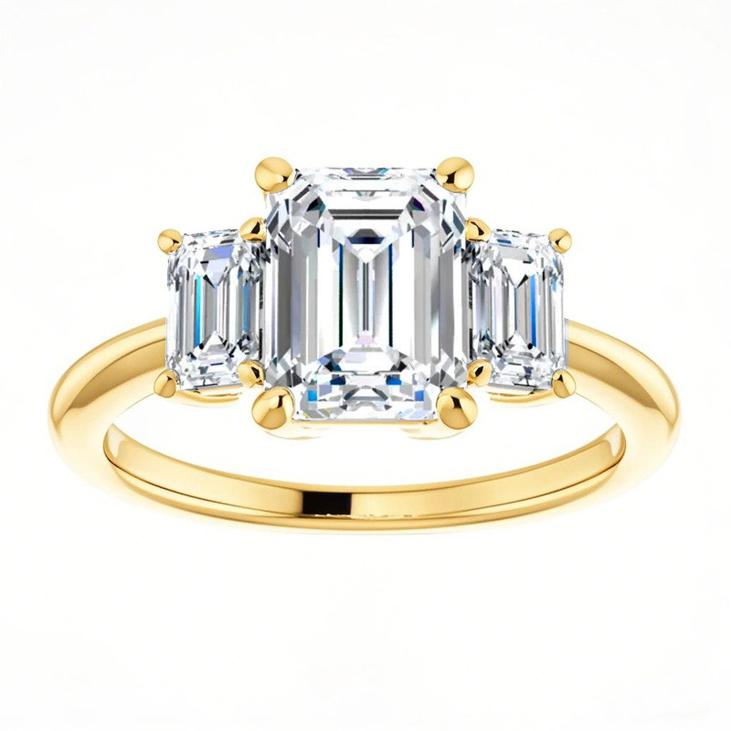 14K Gold Emerald Cut Moissanite Three-Stone Engagement Ring-1