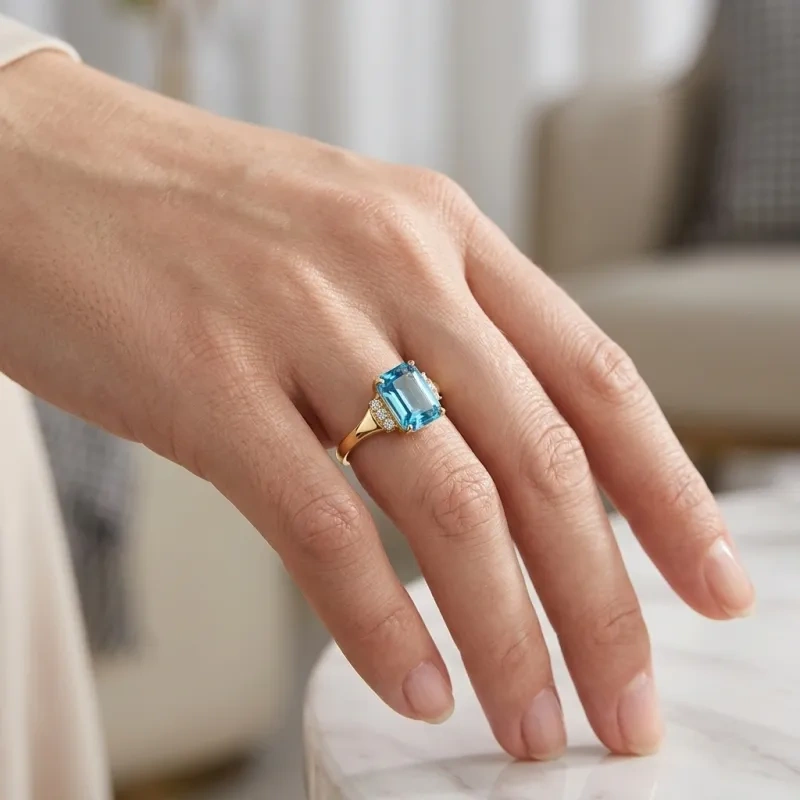 14K Gold Emerald Cut Topaz Sidestone Engagement Ring-2