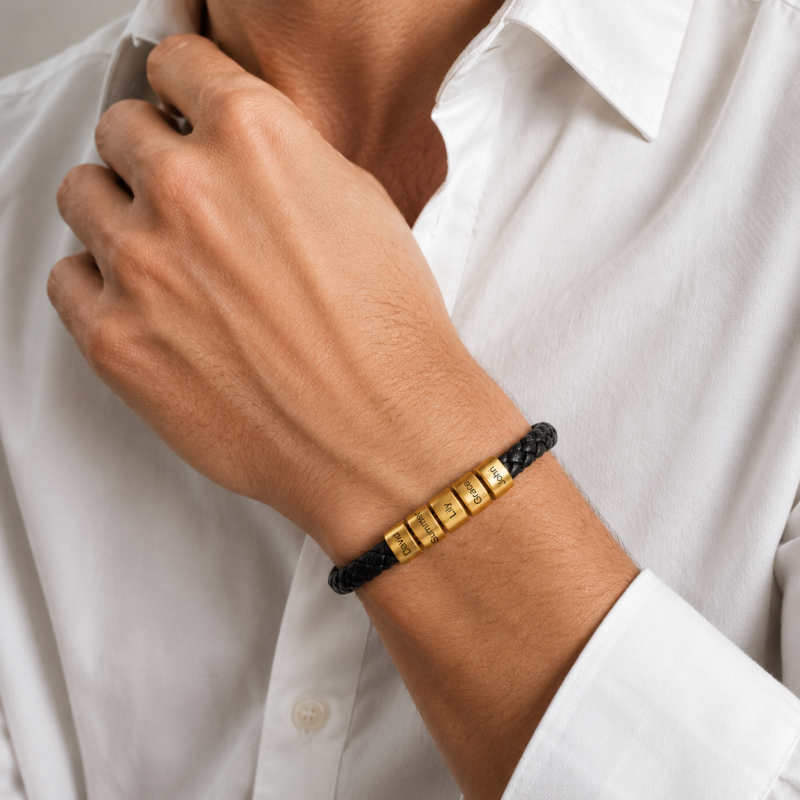 14K Gold Engravable Charm Leather Bracelet for Men-2