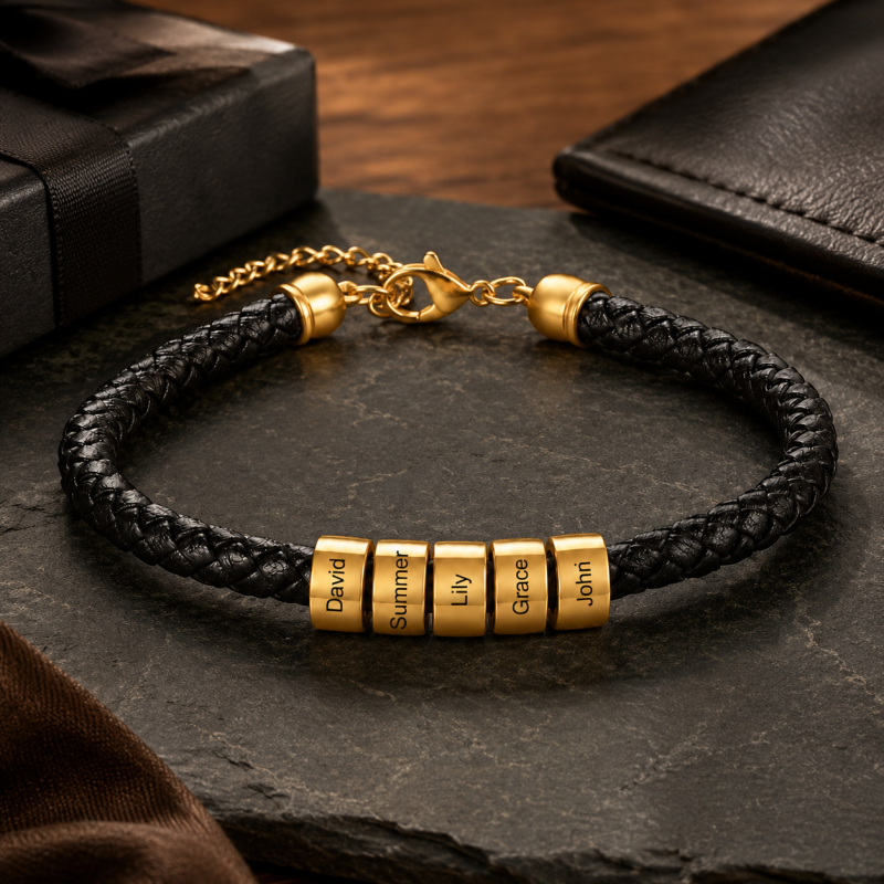 14K Gold Engravable Charm Leather Bracelet for Men-3