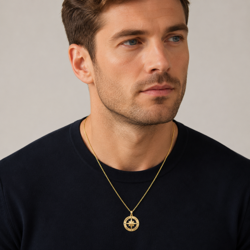 14K Gold Engravable Compass Pendant Necklace for Men-2