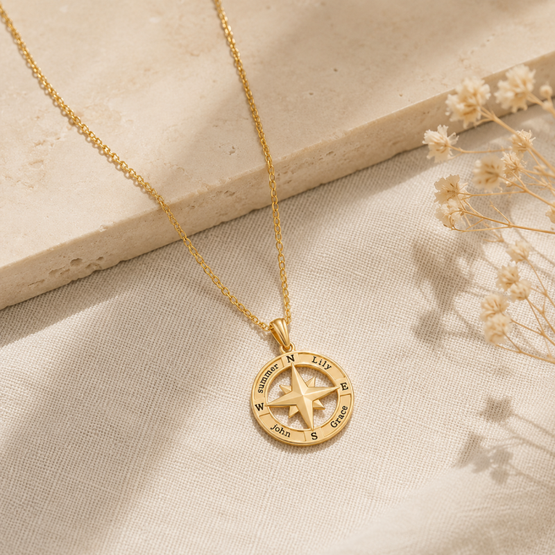 14K Gold Engravable Compass Pendant Necklace for Men-3