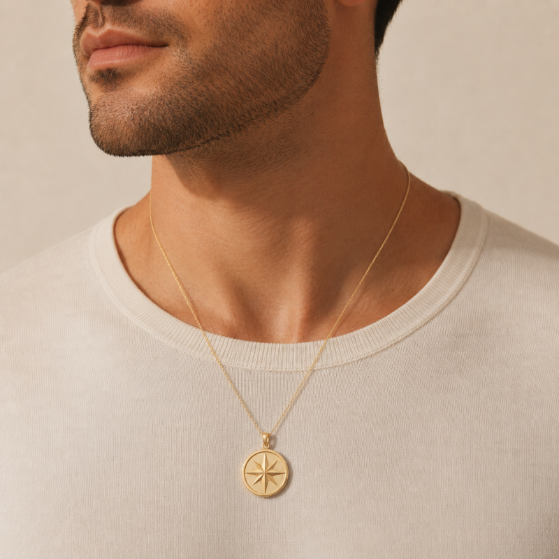 10K Gold Engravable & Compass Pendant Necklace for Men-2