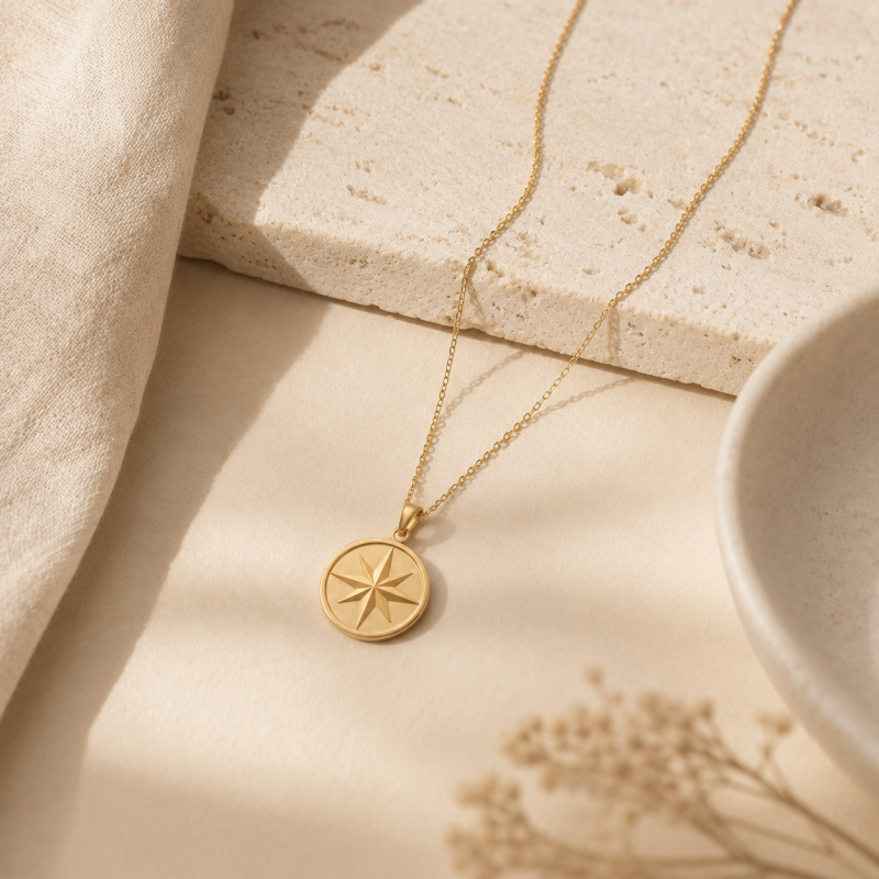 10K Gold Engravable & Compass Pendant Necklace for Men-4