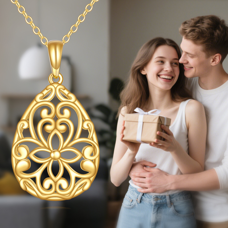 10K Gold Filigree Drop Shape Pendant Necklace-5