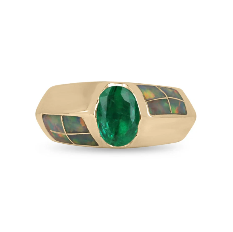 Anel personalizado para homem em ouro de 14 quilates com esmeralda oval verde de 2 a 7 quilates e detalhes em opala.-1