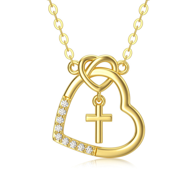 14K Gold Heart Cross & Love Knot Pendant Necklace With 5A Grade Austria Crystal-1