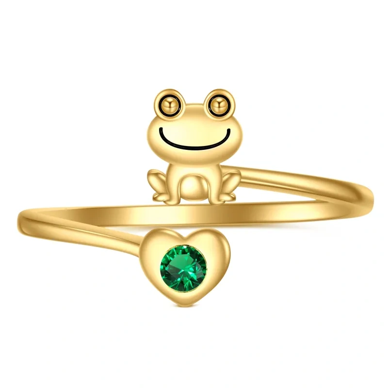 Anillo abierto de oro de 10 quilates con forma de corazón, cristal y rana para mujer-6