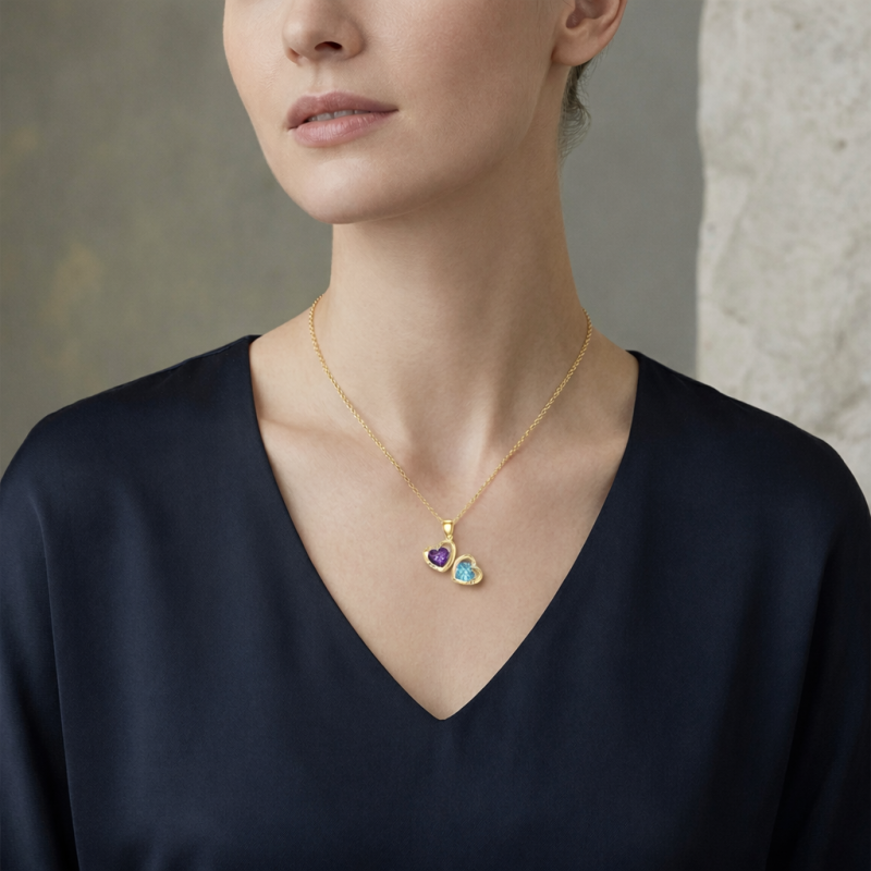 Personalisierte Herz-Halskette aus 18-karätigem Gold mit Zirkonia und Geburtsstein, klassischem Namen und Herzanhänger für Damen-2