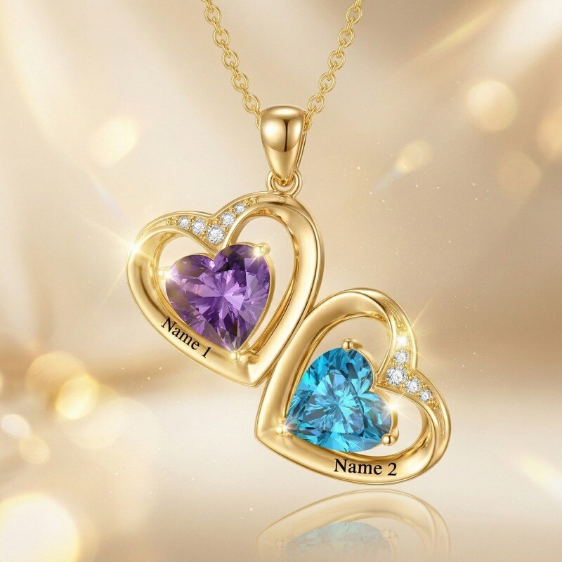 Personalisierte Herz-Halskette aus 18-karätigem Gold mit Zirkonia und Geburtsstein, klassischem Namen und Herzanhänger für Damen-3