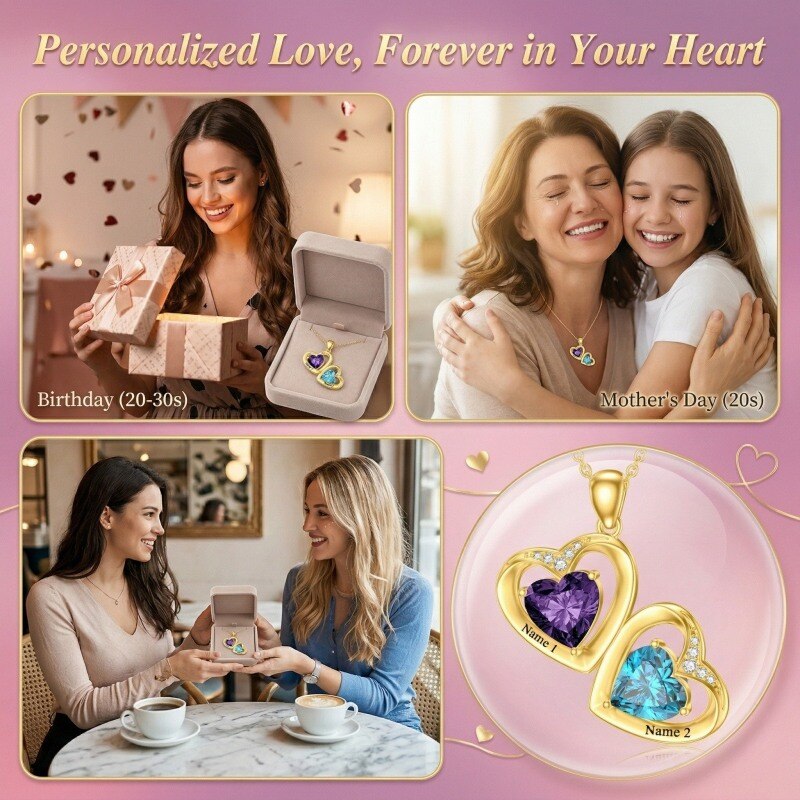 Personalisierte Herz-Halskette aus 18-karätigem Gold mit Zirkonia und Geburtsstein, klassischem Namen und Herzanhänger für Damen-4