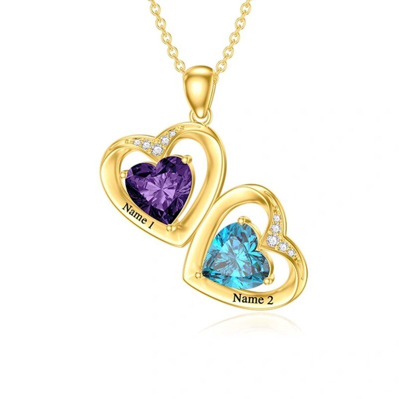 Personalisierte Herz-Halskette aus 18-karätigem Gold mit Zirkonia und Geburtsstein, klassischem Namen und Herzanhänger für Damen-1