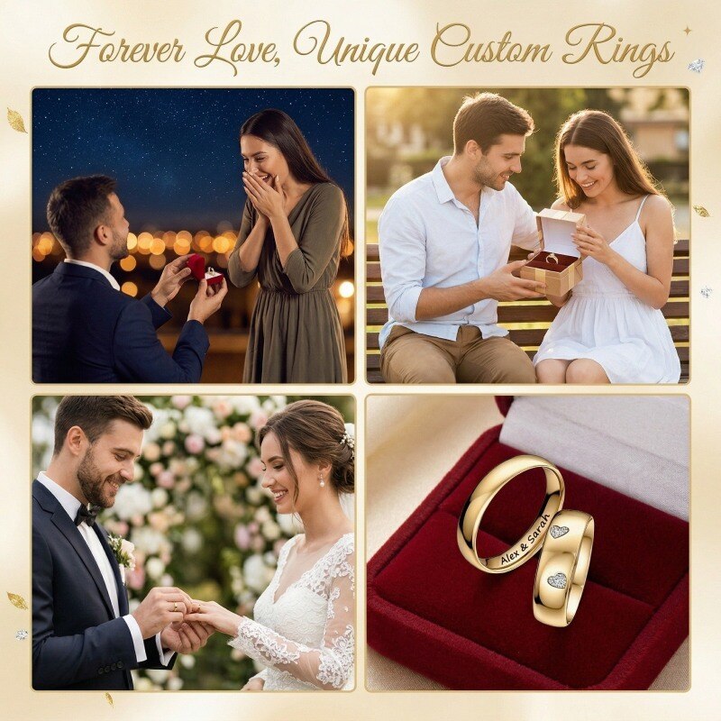 Anillos personalizados de pareja de oro 10K con diamantes de laboratorio talla corazón, color D, claridad VVS1-VS1, certificados 3EX por IGI-3