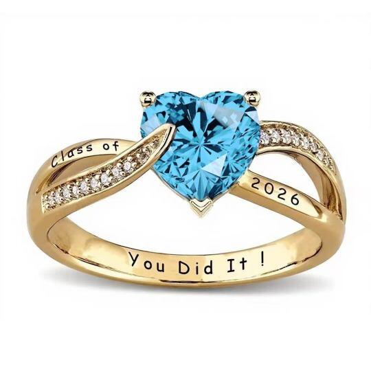 Bague de classe personnalisée en or 10K avec cœur taillé et pierre de naissance