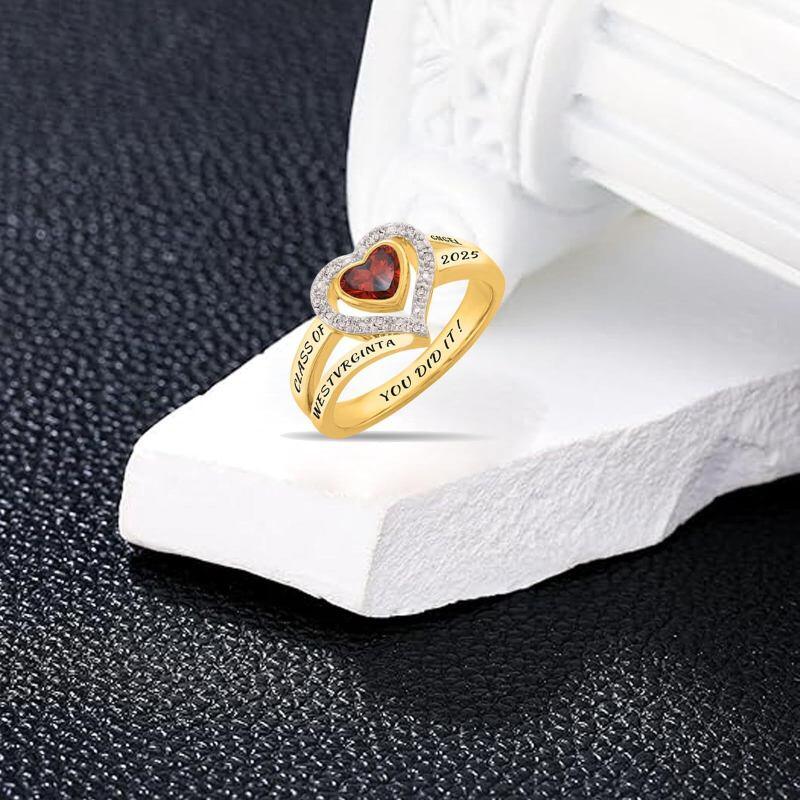 14K Gold Heart Cut Personalized Birthstone & Engravable Class Ring-3