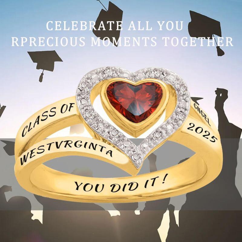 14K Gold Heart Cut Personalized Birthstone & Engravable Class Ring-5