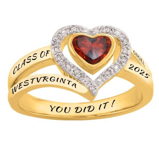 Bague de classe en or 10K avec pierre de naissance personnalisée et gravable, taillée en cœur