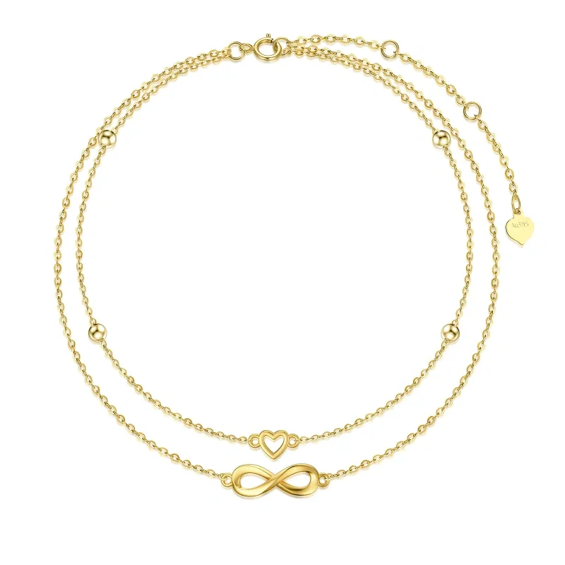 Bracelet de cheville multicouche en or 18 carats avec cœur et symbole de l'infini-1