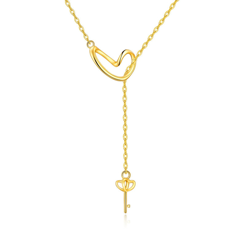 Collar ajustable en forma de Y con corazón y llave de oro de 18 quilates-1