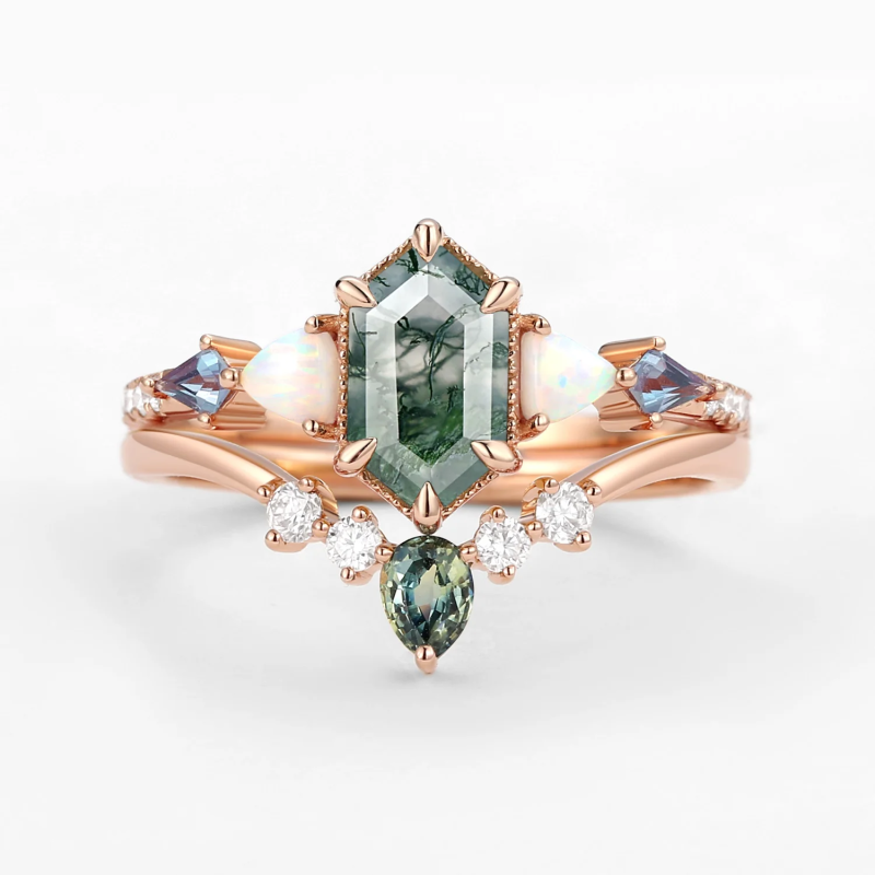 Anillo de ágata musgosa tallada hexagonal de oro de 10 quilates-6
