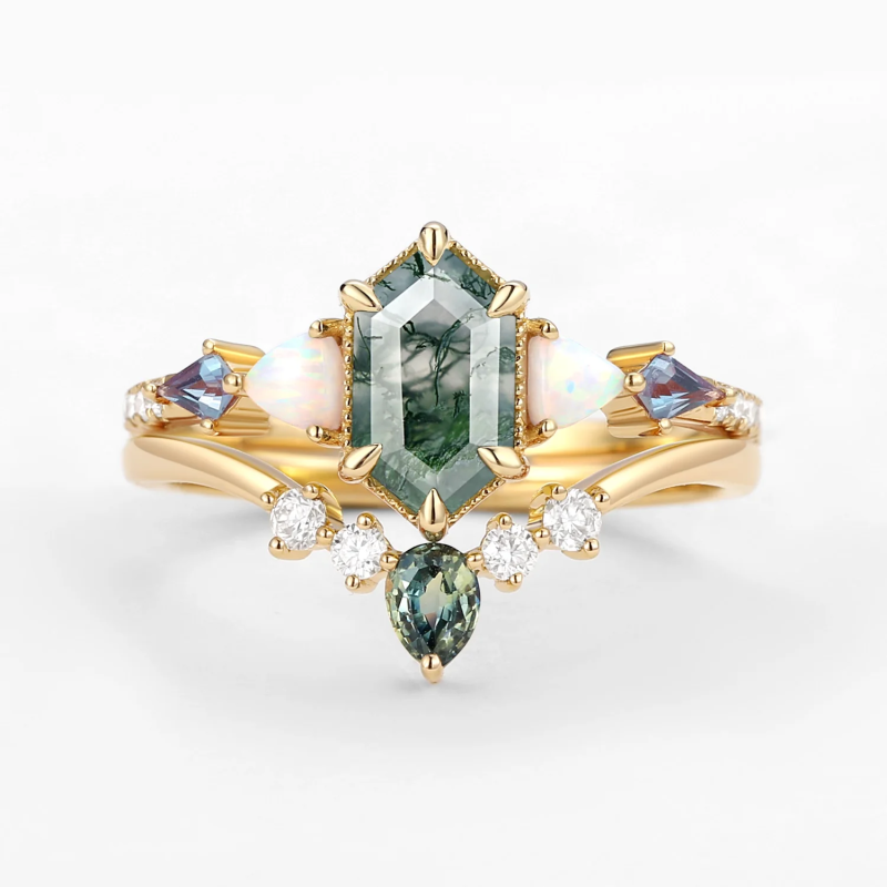 Anillo de ágata musgosa tallada hexagonal de oro de 10 quilates-1