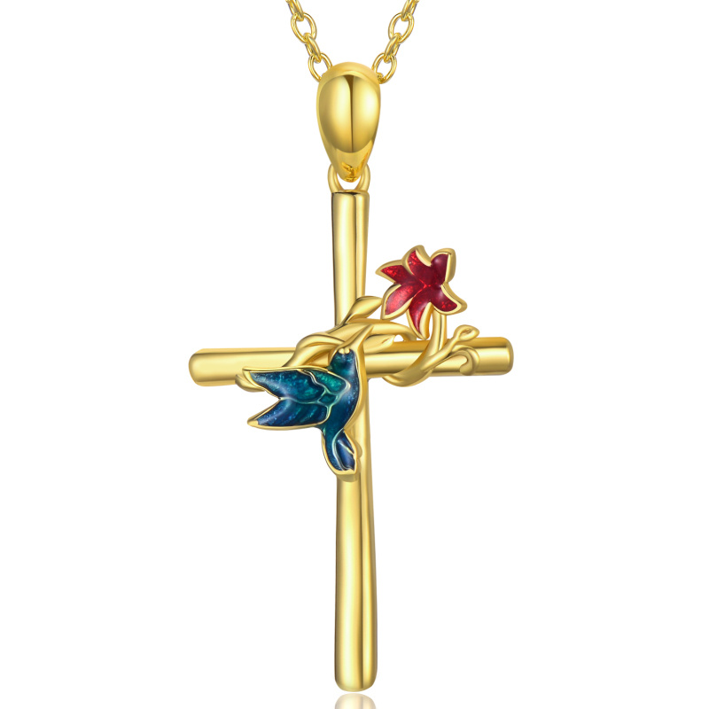 Collier pendentif colibri, fleurs sauvages et croix en or 14 carats-1