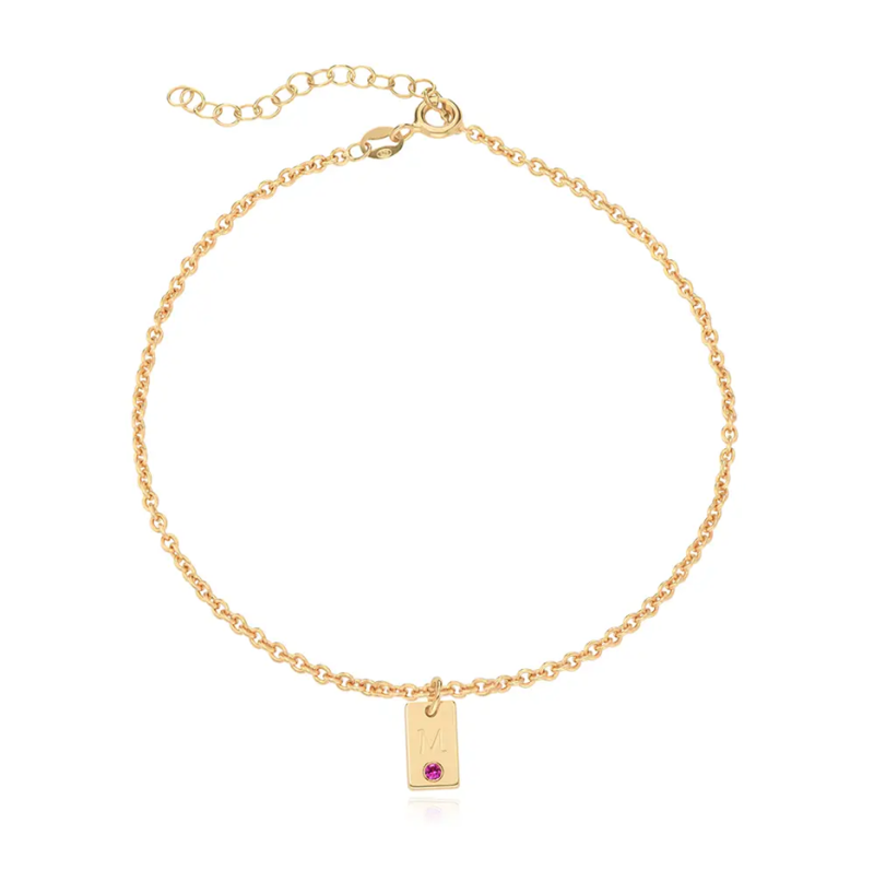Bracelet de cheville en or 18 carats avec pendentif initiale et pierre de naissance-1