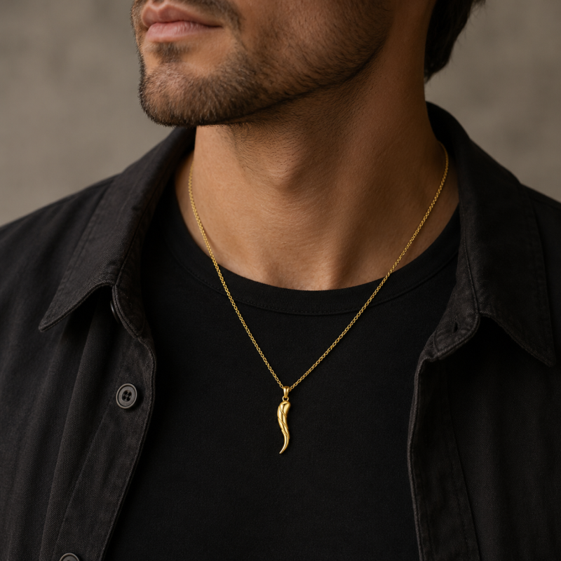 14K Gold Italian Horn Pendant Necklace for Men-2