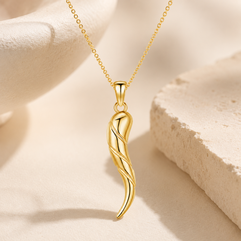 14K Gold Italian Horn Pendant Necklace for Men-3