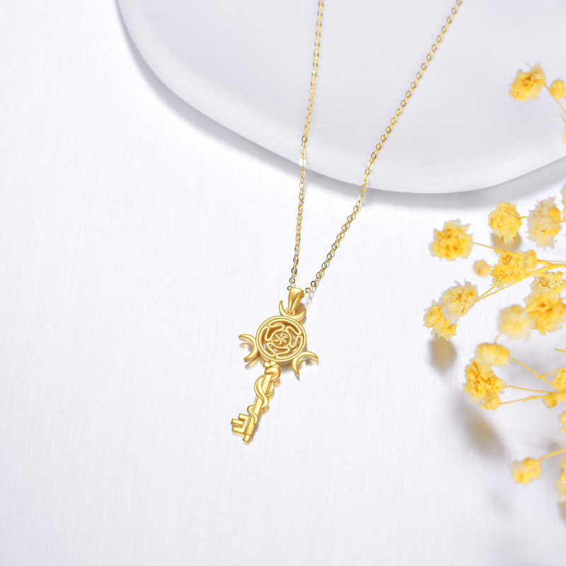 10K Gold Key & Triple Moon Goddess Pendant Necklace-3